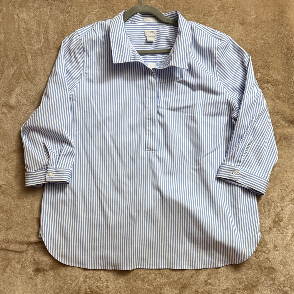 Chico's Blue and White Striped Casual Button-Down Shirt